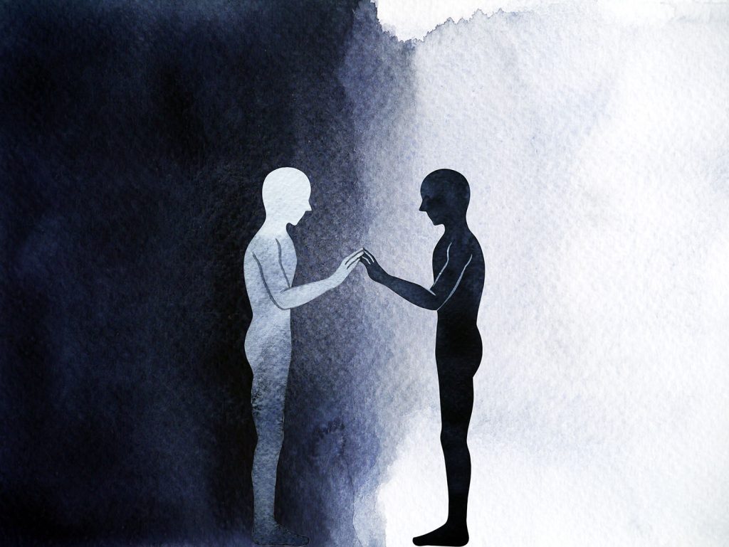 couple human standing connection hand up pose, abstract body wor