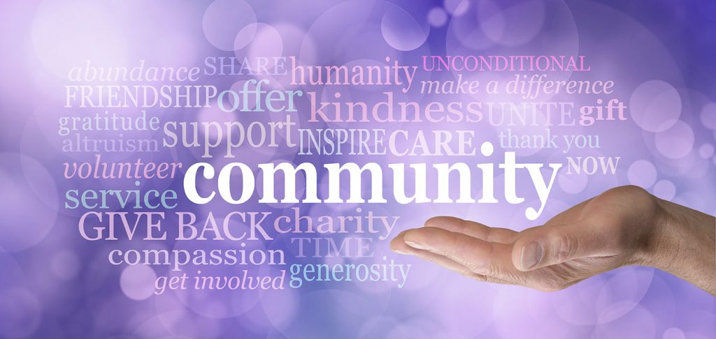 Your Community matters word tag cloud – male open palm hand with