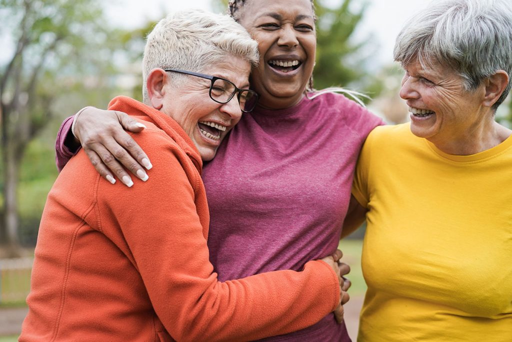 Multiracial senior women having fun together after sport workout