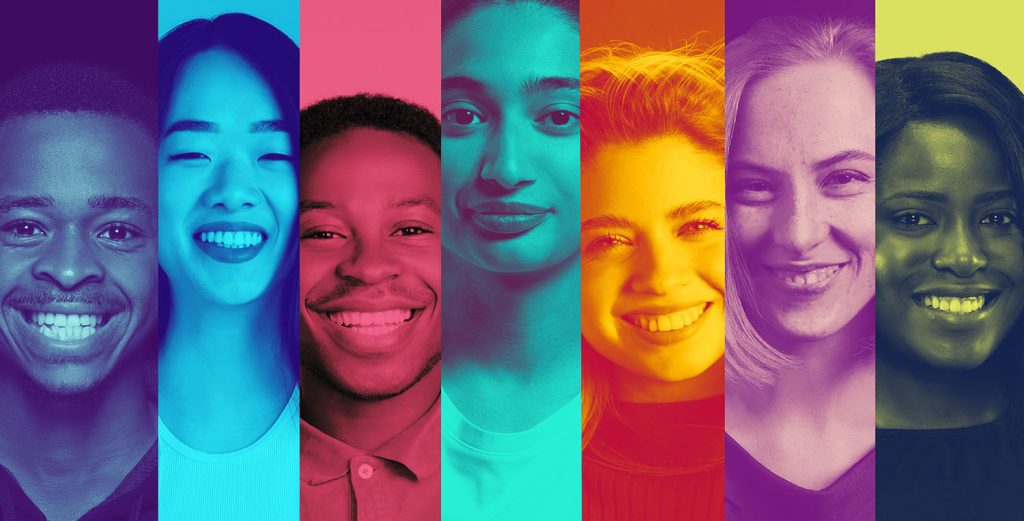 Artistic lineup of diverse people with positive emotion in multicolor gradient portrait style